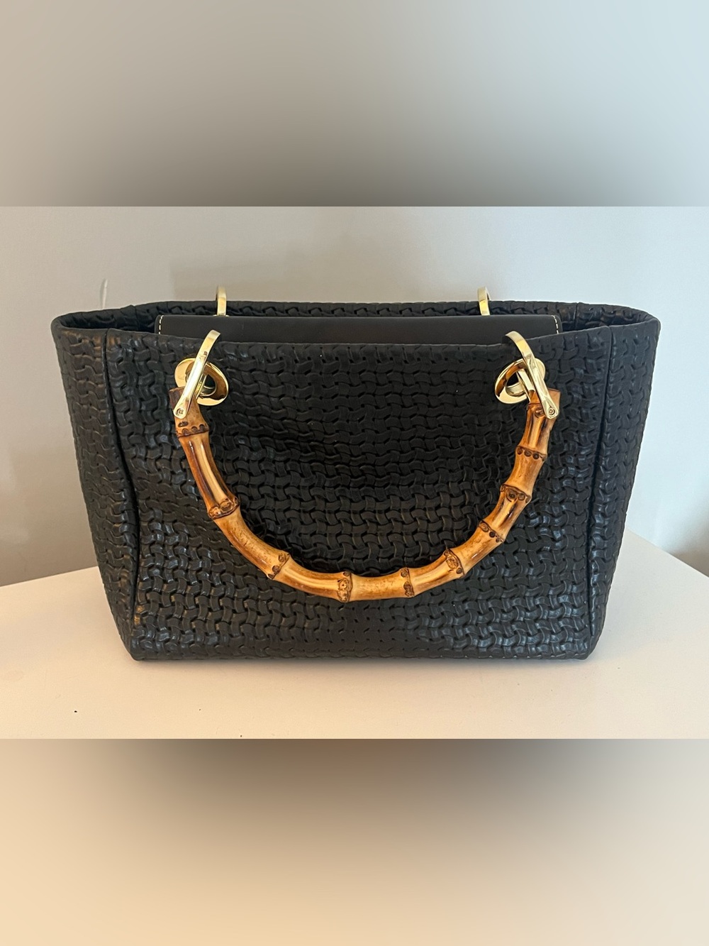 J. McLaughlin Black Woven Bamboo Handle Handbag Tote
